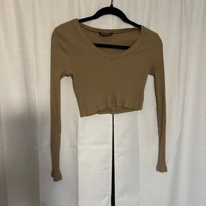 Ribbed V-Neck Tan Crop Top